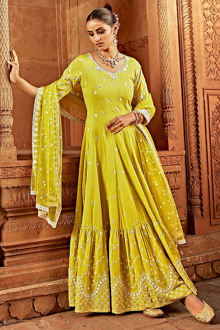Neon Green Cotton Mulmul Thread Embroidered Party Wear Anarkali With Dupatta by PREEVIN at Pernia's Pop Up Shop