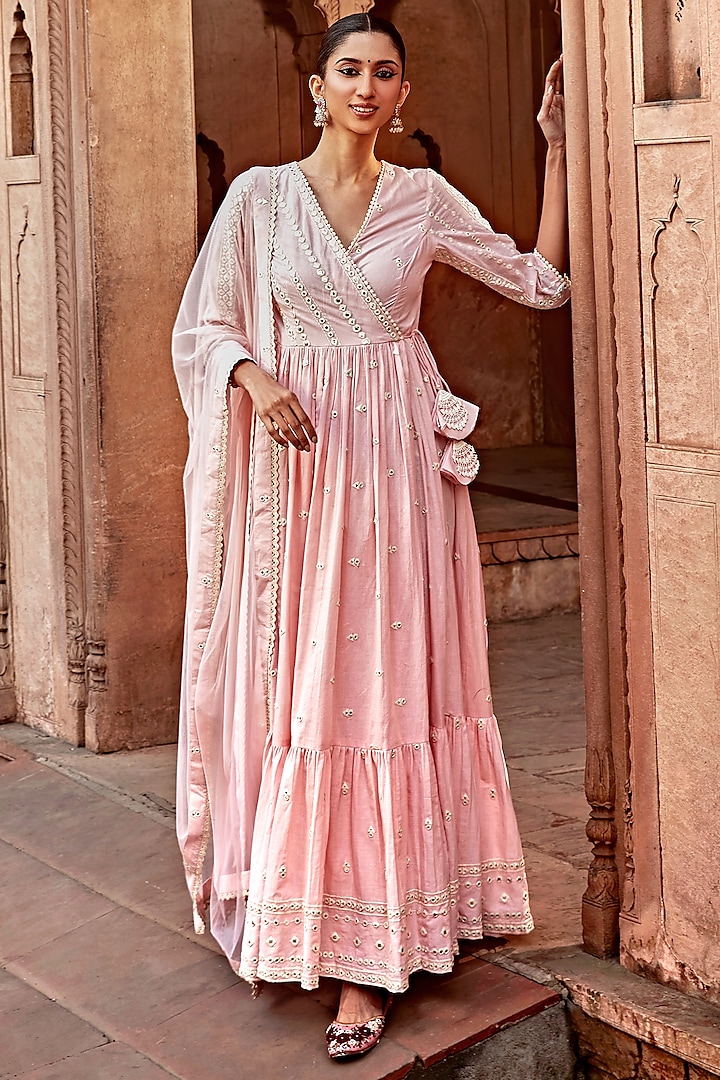 Blush Pink Cotton Mulmul Thread Embroidered Angrakha Set by PREEVIN at Pernia's Pop Up Shop