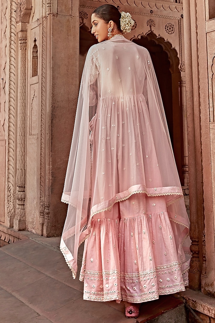 Blush Pink Cotton Mulmul Thread Embroidered Angrakha Set by PREEVIN at Pernia's Pop Up Shop
