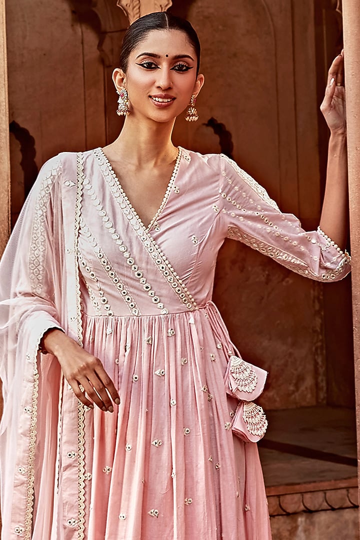 Blush Pink Cotton Mulmul Thread Embroidered Angrakha Set by PREEVIN at Pernia's Pop Up Shop