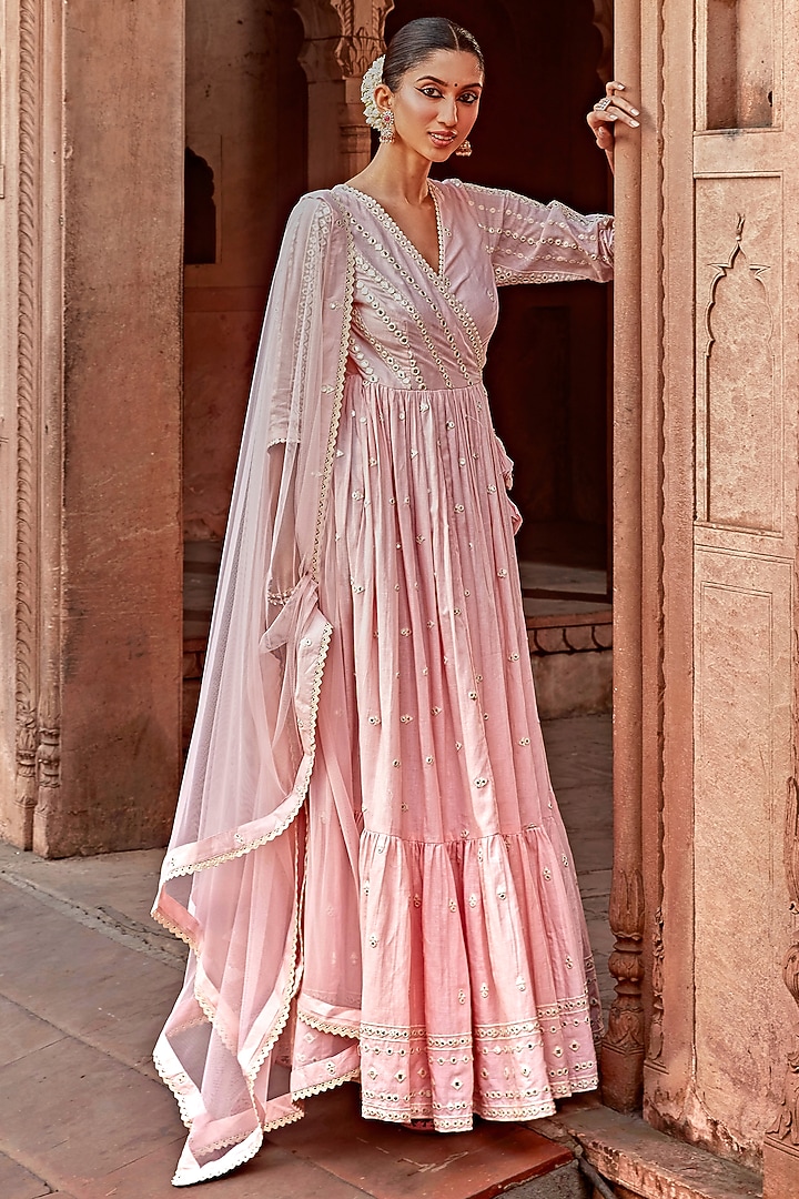 Blush Pink Cotton Mulmul Thread Embroidered Angrakha Set by PREEVIN at Pernia's Pop Up Shop