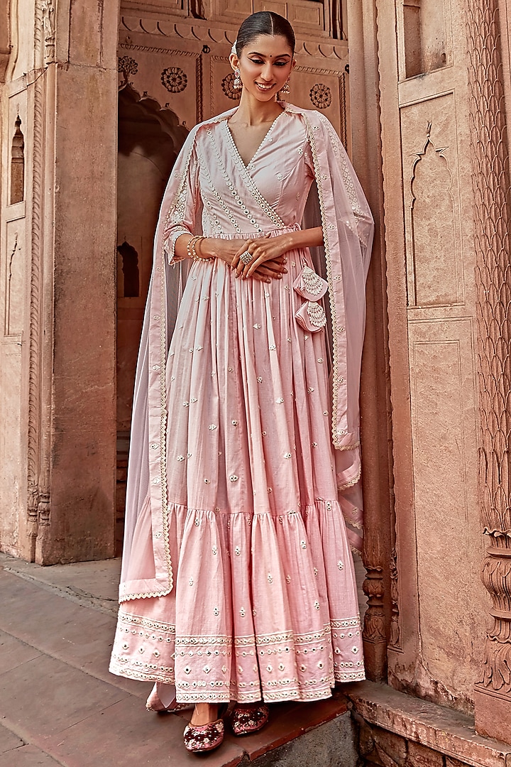 Blush Pink Cotton Mulmul Thread Embroidered Angrakha Set by PREEVIN at Pernia's Pop Up Shop