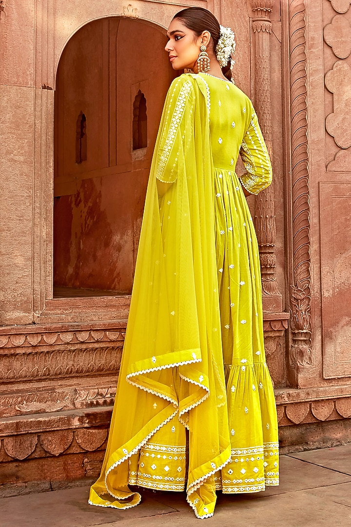 Neon Green Cotton Mulmul Thread Embroidered Angrakha Set by PREEVIN at Pernia's Pop Up Shop