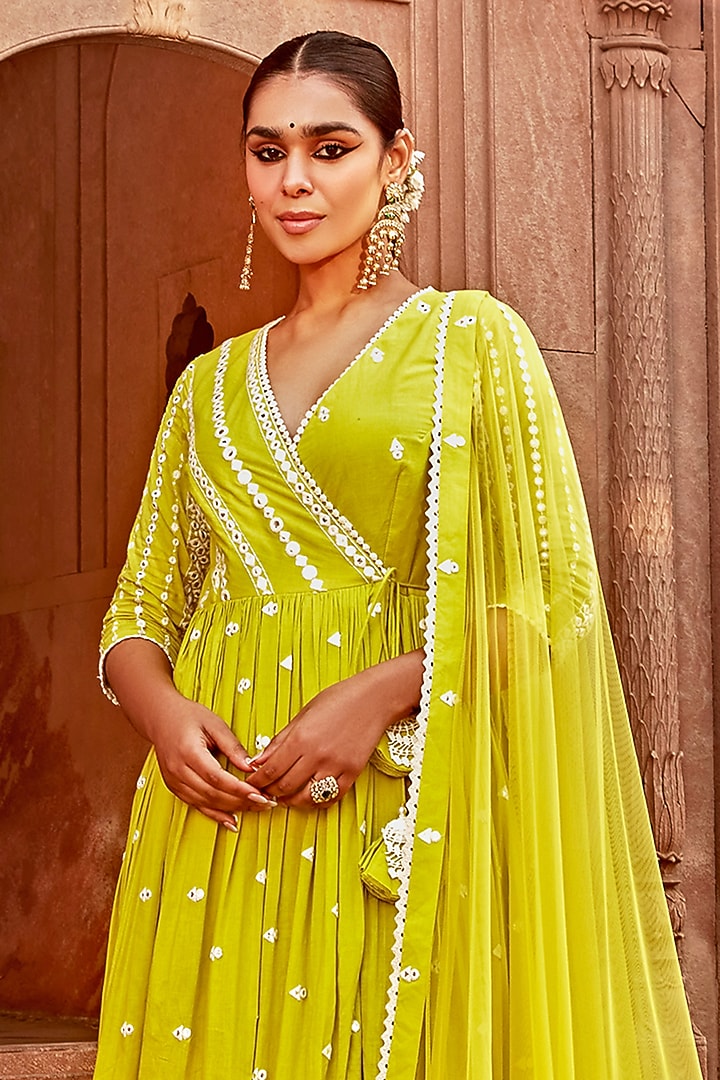 Neon Green Cotton Mulmul Thread Embroidered Angrakha Set by PREEVIN at Pernia's Pop Up Shop