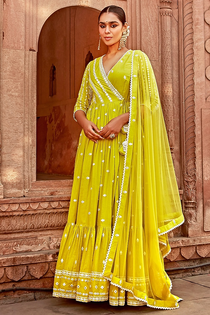 Neon Green Cotton Mulmul Thread Embroidered Angrakha Set by PREEVIN at Pernia's Pop Up Shop