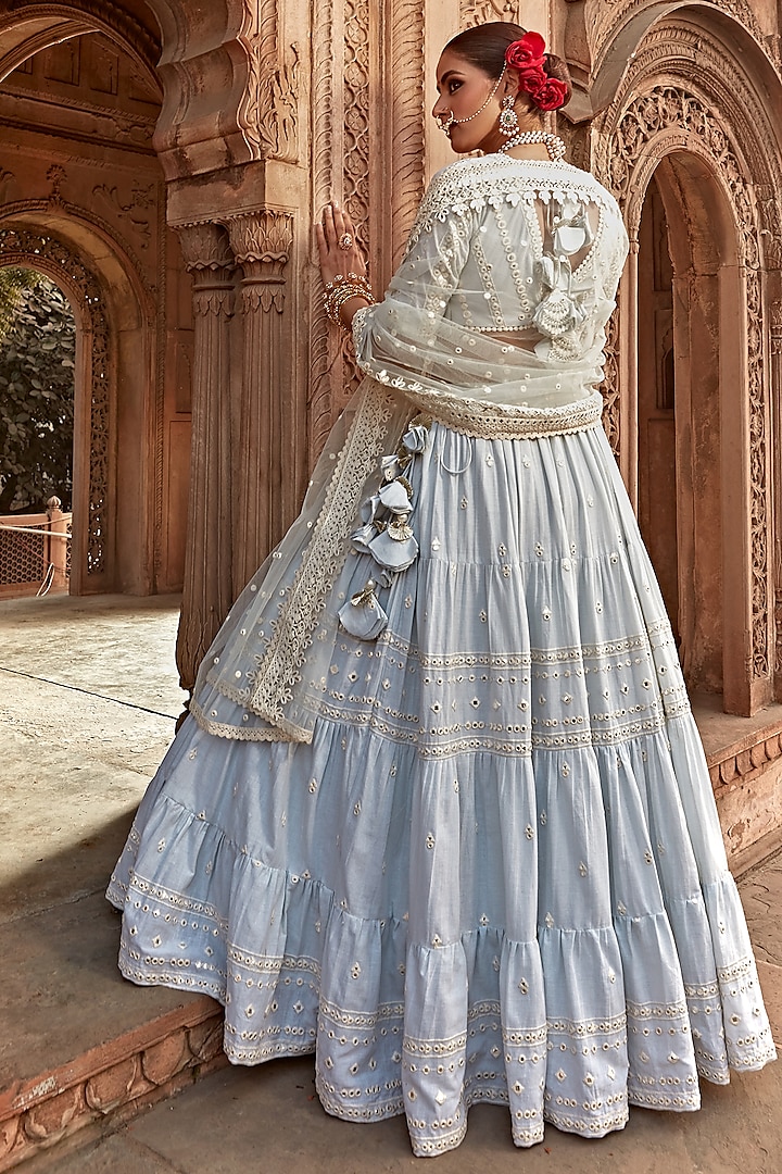 Ice Blue Cotton Mulmul Thread Embroidered Lehenga Set by PREEVIN at Pernia's Pop Up Shop