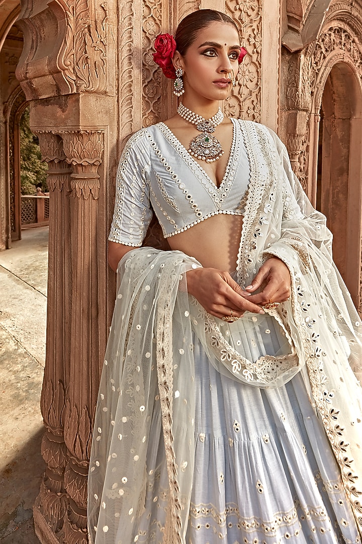 Ice Blue Cotton Mulmul Thread Embroidered Lehenga Set by PREEVIN at Pernia's Pop Up Shop