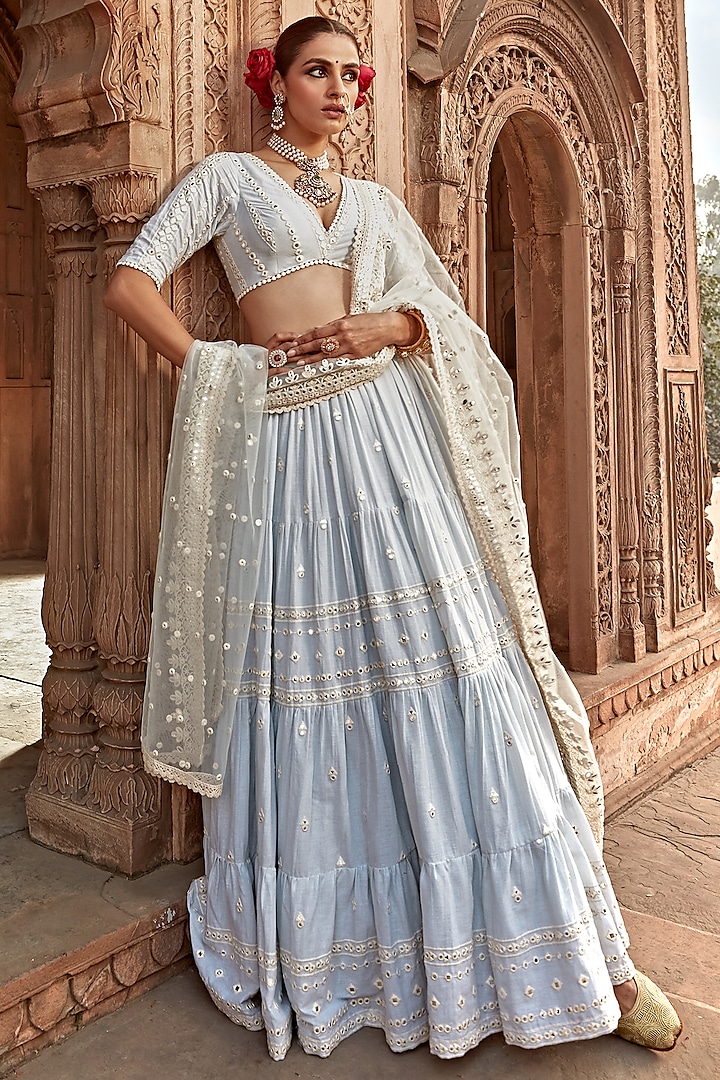 Ice Blue Cotton Mulmul Thread Embroidered Lehenga Set by PREEVIN at Pernia's Pop Up Shop