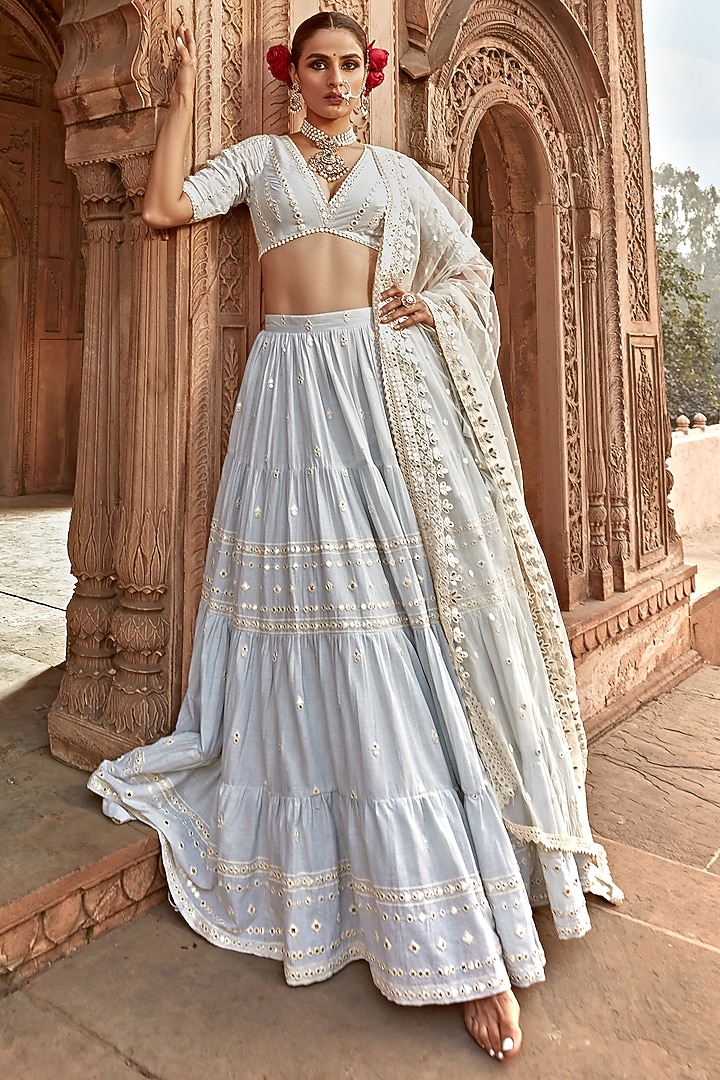 Ice Blue Cotton Mulmul Thread Embroidered Lehenga Set by PREEVIN at Pernia's Pop Up Shop