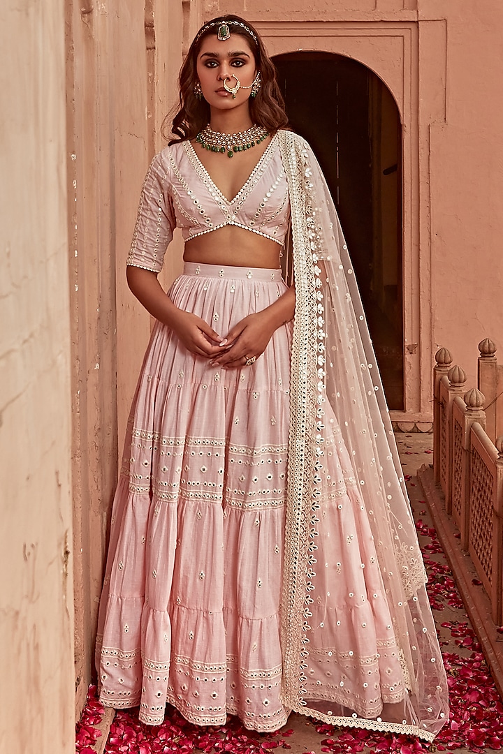 Blush Pink Cotton Mulmul Thread Embroidered Lehenga Set by PREEVIN at Pernia's Pop Up Shop