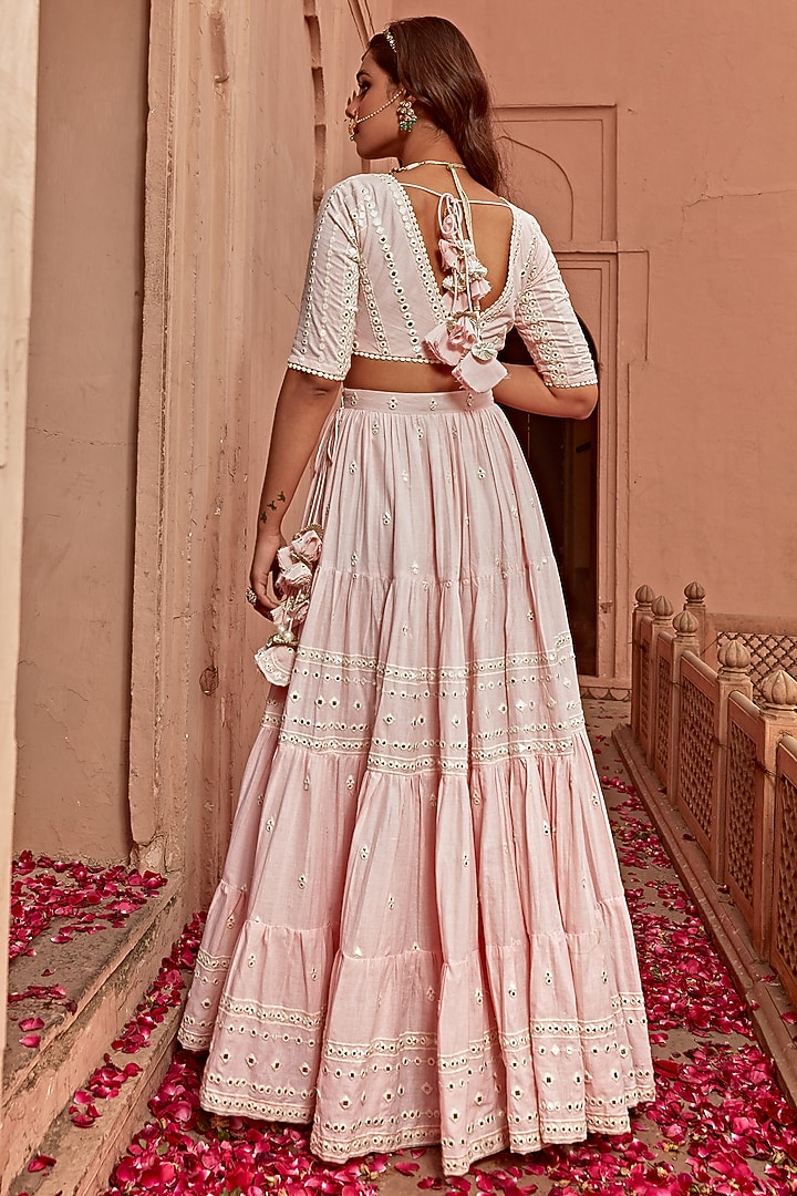Blush Pink Cotton Mulmul Thread Embroidered Lehenga Set by PREEVIN at Pernia's Pop Up Shop