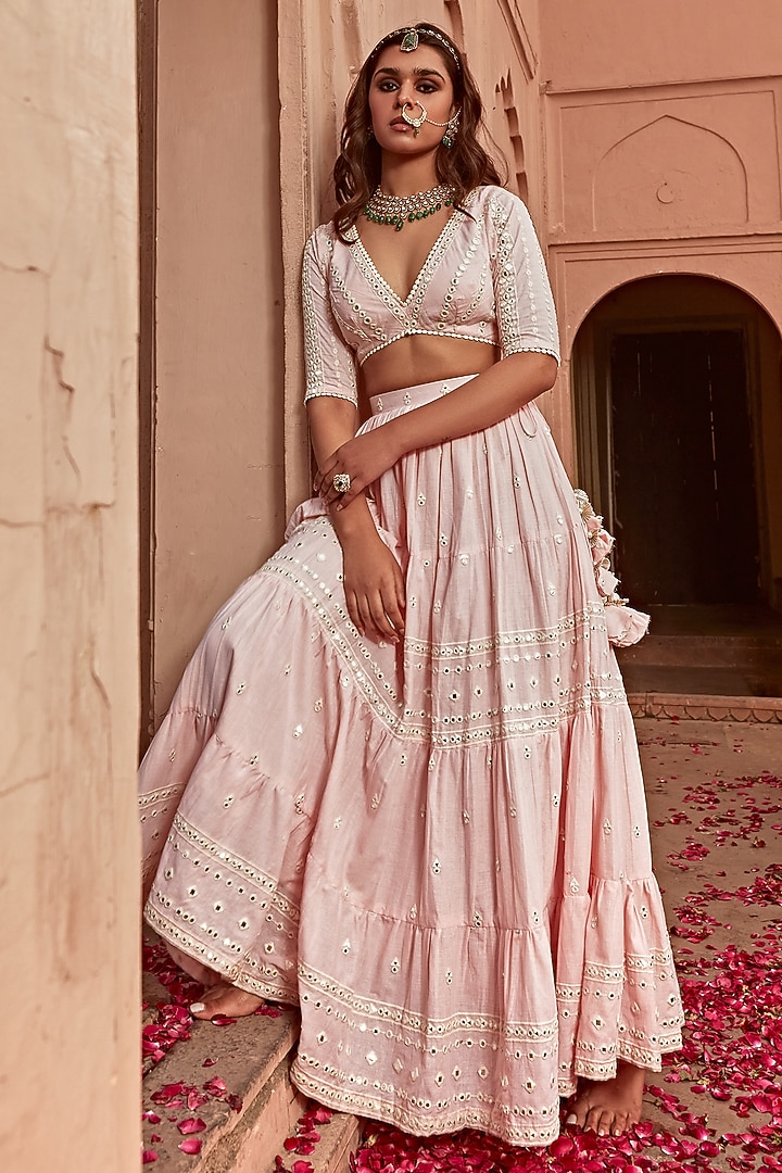 Blush Pink Cotton Mulmul Thread Embroidered Lehenga Set by PREEVIN at Pernia's Pop Up Shop