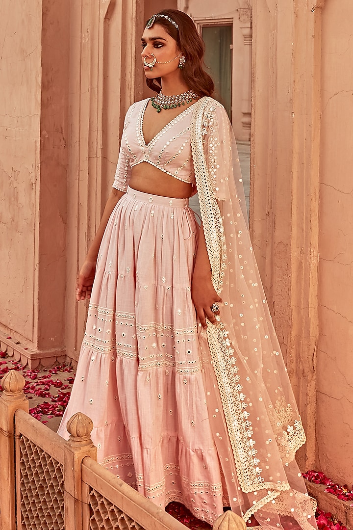Blush Pink Cotton Mulmul Thread Embroidered Lehenga Set by PREEVIN at Pernia's Pop Up Shop