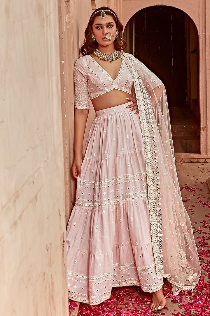 Blush Pink Cotton Mulmul Thread Embroidered Lehenga Set by PREEVIN at Pernia's Pop Up Shop