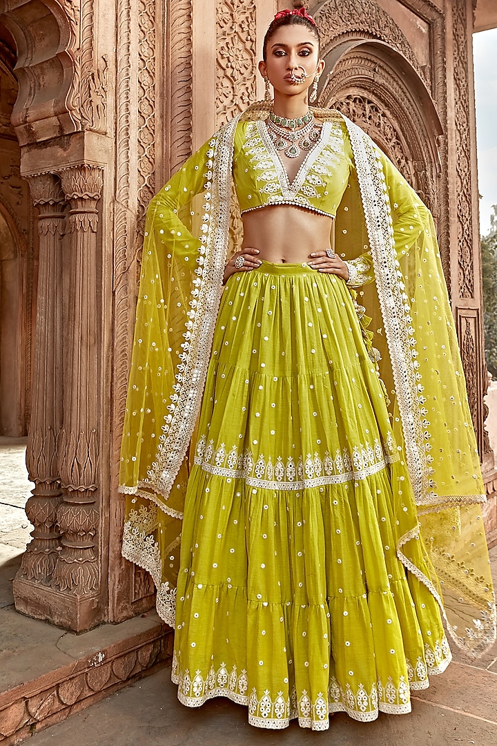 Neon Green Cotton Mulmul Thread Embroidered Lehenga Set by PREEVIN at Pernia's Pop Up Shop