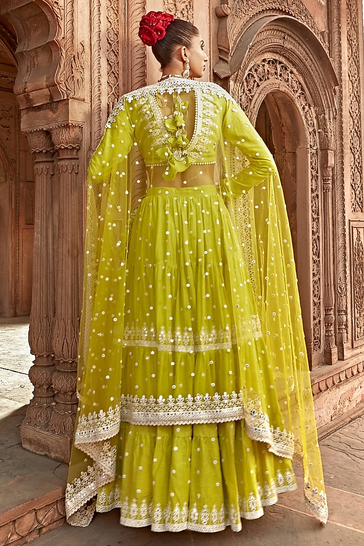 Neon Green Cotton Mulmul Thread Embroidered Lehenga Set by PREEVIN at Pernia's Pop Up Shop