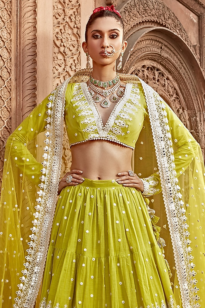 Neon Green Cotton Mulmul Thread Embroidered Lehenga Set by PREEVIN at Pernia's Pop Up Shop