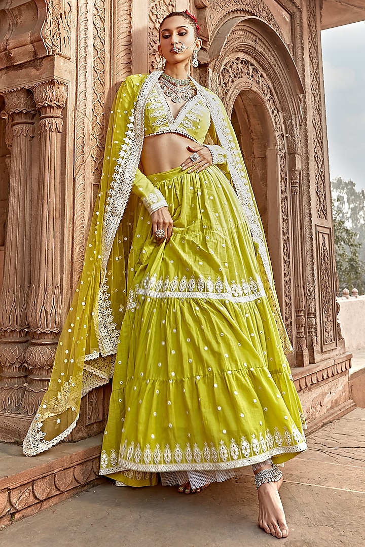 Neon Green Cotton Mulmul Thread Embroidered Lehenga Set by PREEVIN at Pernia's Pop Up Shop