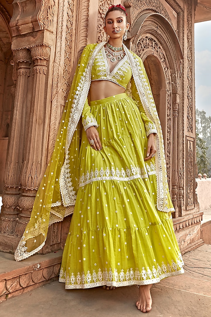 Neon Green Cotton Mulmul Thread Embroidered Lehenga Set by PREEVIN at Pernia's Pop Up Shop