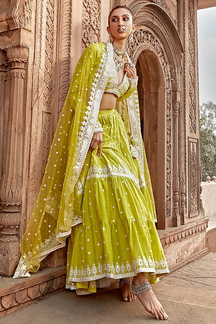Neon Green Cotton Mulmul Thread Embroidered Lehenga Set by PREEVIN at Pernia's Pop Up Shop