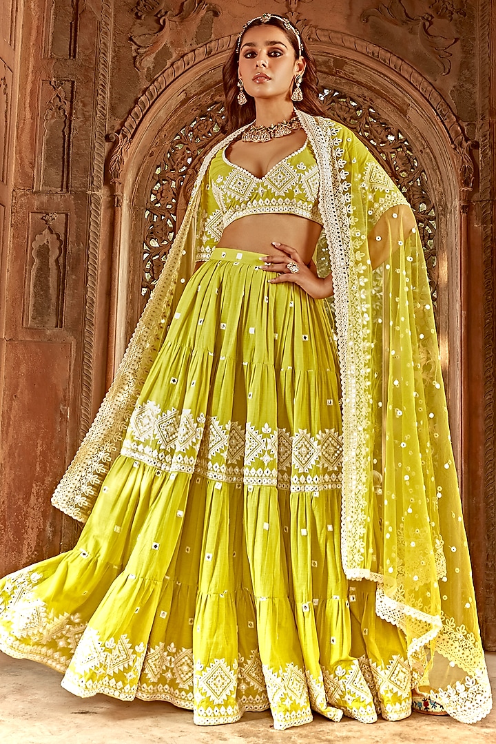 Neon Green Cotton Mulmul Thread Embroidered Lehenga Set by PREEVIN at Pernia's Pop Up Shop