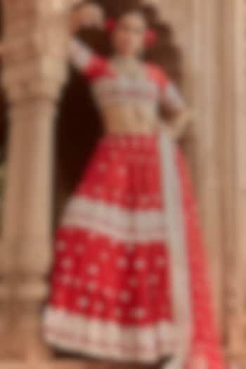 Red Cotton Mulmul Thread Embroidered Lehenga Set by PREEVIN at Pernia's Pop Up Shop