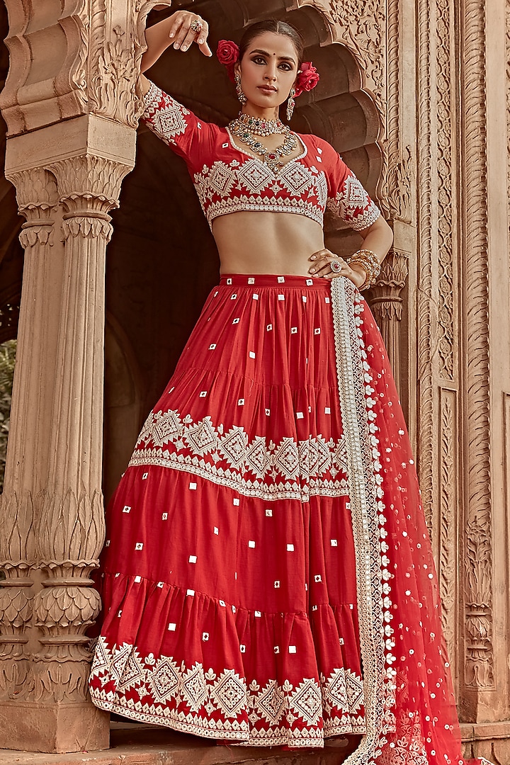 Red Cotton Mulmul Thread Embroidered Lehenga Set by PREEVIN at Pernia's Pop Up Shop