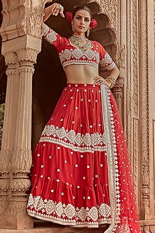 Red Cotton Mulmul Thread Embroidered Lehenga Set by PREEVIN
