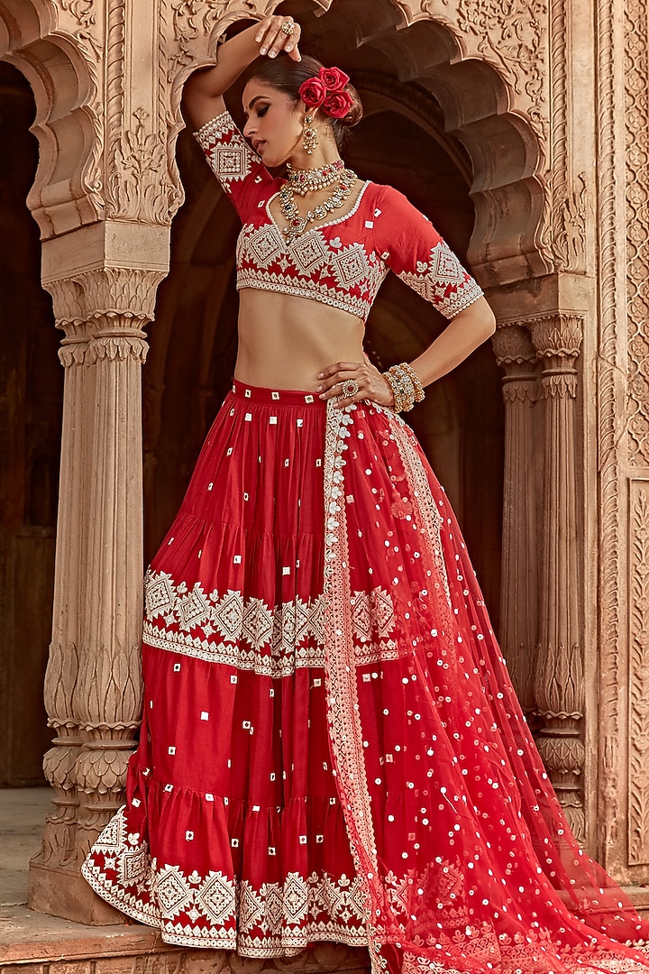 Red Cotton Mulmul Thread Embroidered Lehenga Set by PREEVIN at Pernia's Pop Up Shop