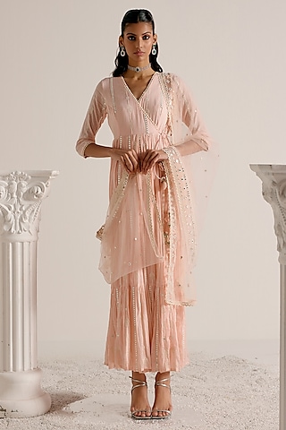 Blush Pink Cotton Mulmul Thread & Mirror Work Angrakha Anarkali Set by PREEVIN