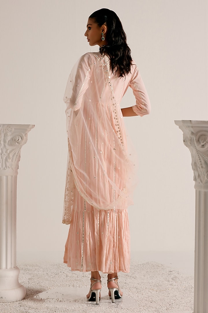 Blush Pink Cotton Mulmul Thread & Mirror Work Angrakha Party Wear Anarkali Set by PREEVIN at Pernia's Pop Up Shop