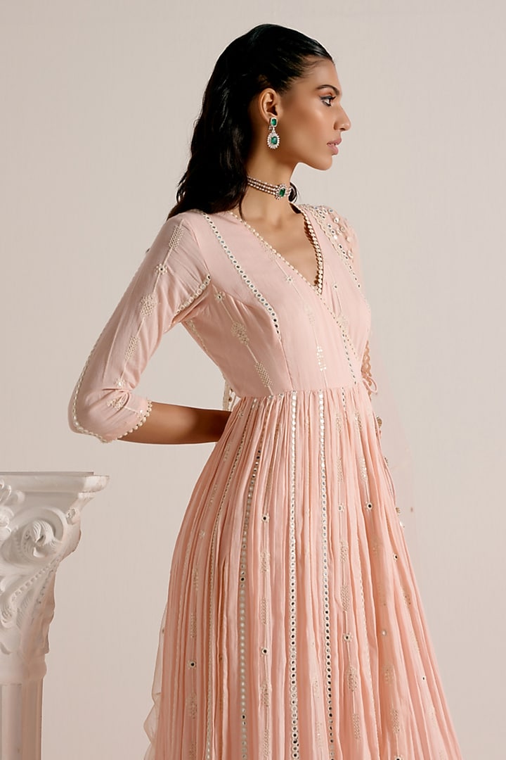 Blush Pink Cotton Mulmul Thread & Mirror Work Angrakha Party Wear Anarkali Set by PREEVIN at Pernia's Pop Up Shop