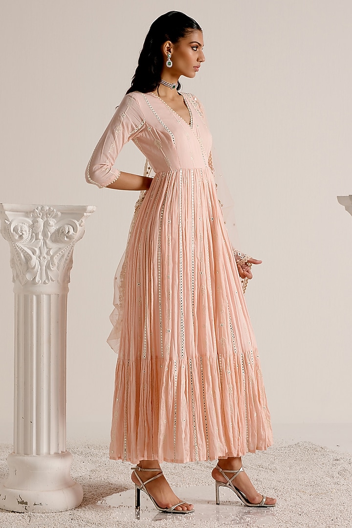 Blush Pink Cotton Mulmul Thread & Mirror Work Angrakha Party Wear Anarkali Set by PREEVIN at Pernia's Pop Up Shop