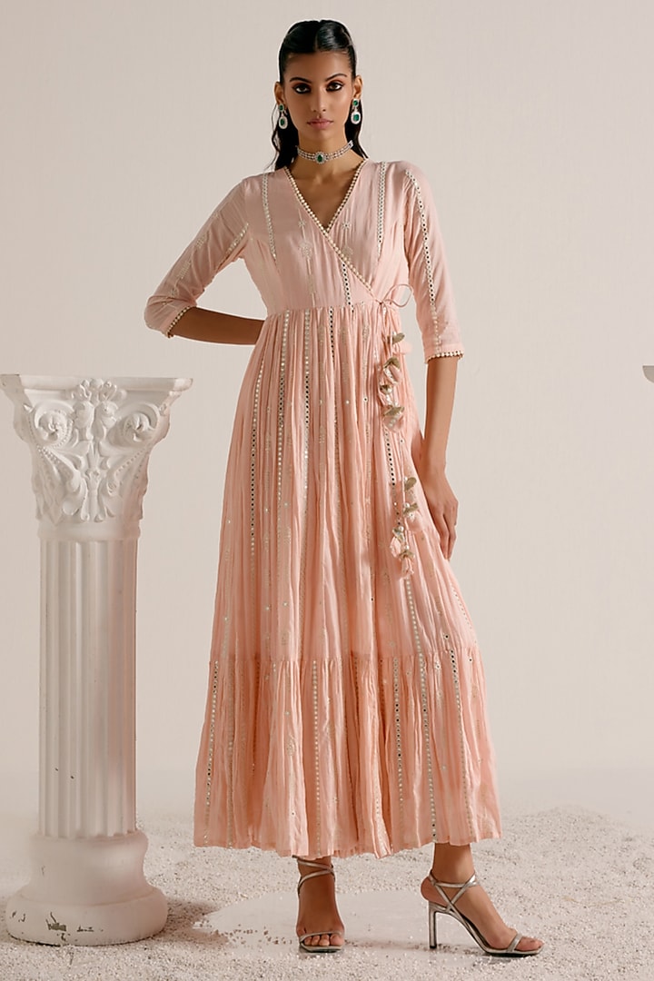 Blush Pink Cotton Mulmul Thread & Mirror Work Angrakha Party Wear Anarkali Set by PREEVIN at Pernia's Pop Up Shop