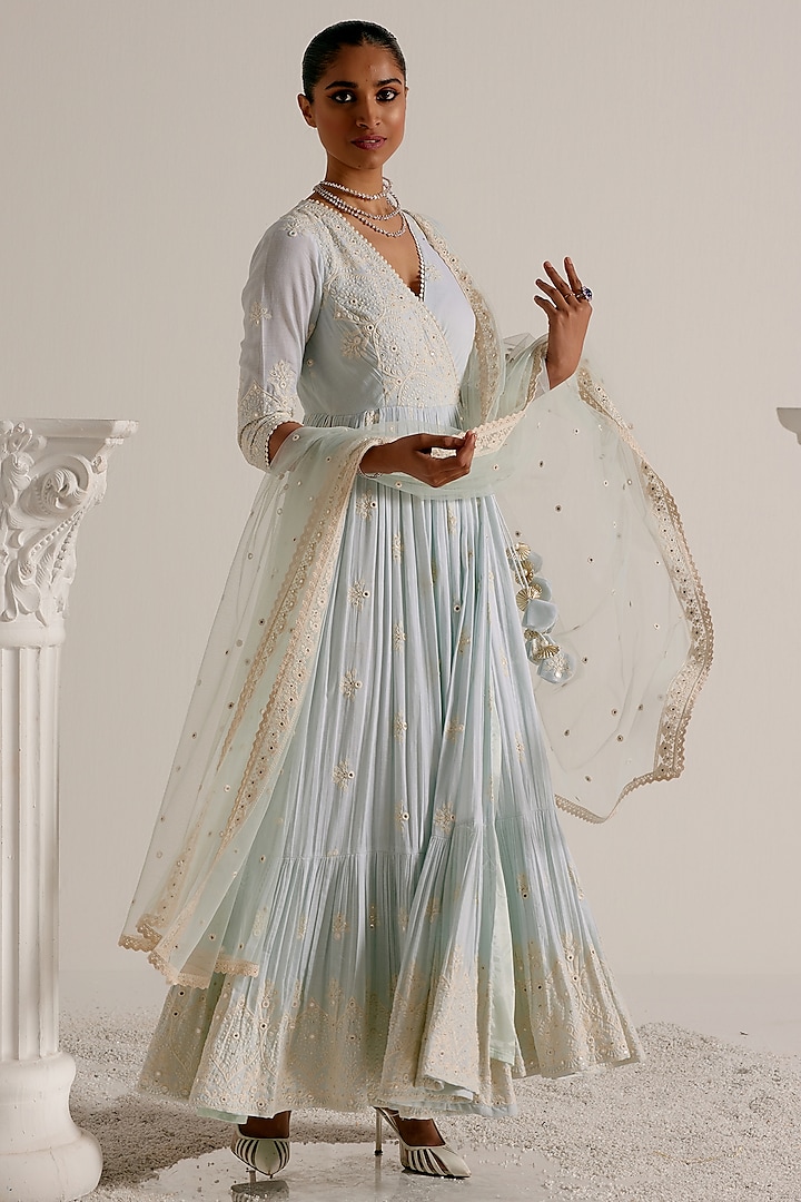 Ice Blue Cotton Mulmul Thread & Mirror Work Angrakha Anarkali Set by PREEVIN at Pernia's Pop Up Shop