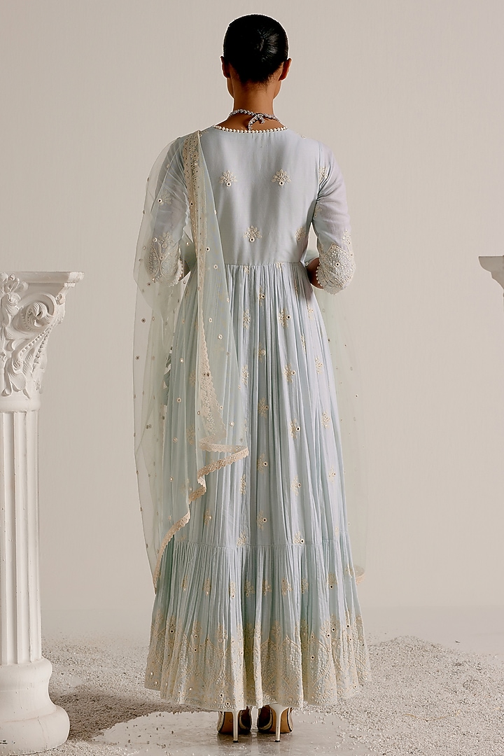 Ice Blue Cotton Mulmul Thread & Mirror Work Angrakha Party Wear Anarkali Set by PREEVIN at Pernia's Pop Up Shop