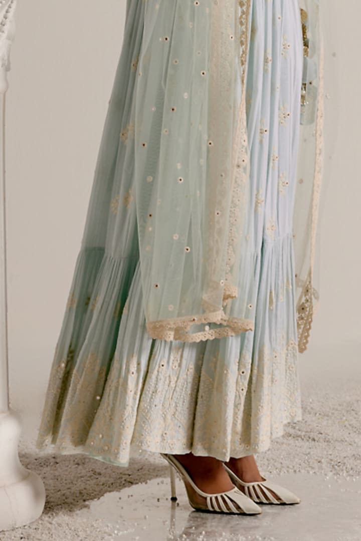 Ice Blue Cotton Mulmul Thread & Mirror Work Angrakha Party Wear Anarkali Set by PREEVIN at Pernia's Pop Up Shop