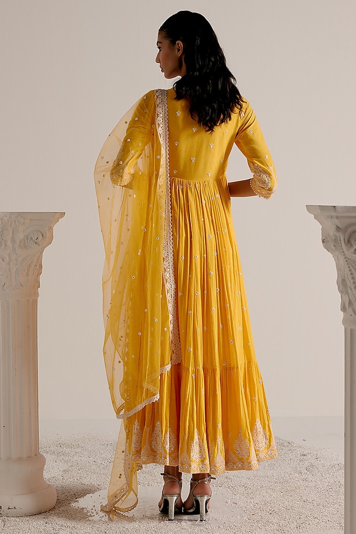 Mango Yellow Cotton Mulmul Thread & Mirror Work Angrakha Party Wear Anarkali Set by PREEVIN at Pernia's Pop Up Shop