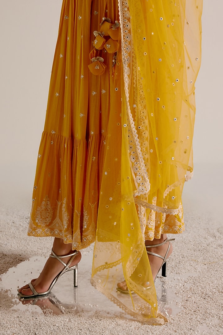 Mango Yellow Cotton Mulmul Thread & Mirror Work Angrakha Party Wear Anarkali Set by PREEVIN at Pernia's Pop Up Shop