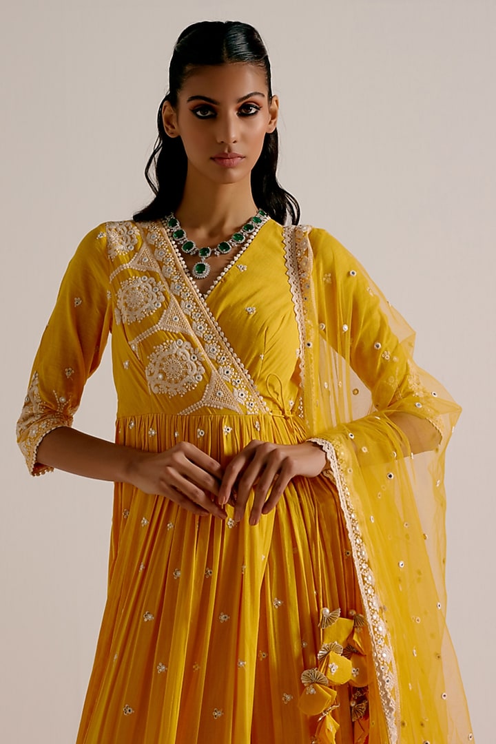 Mango Yellow Cotton Mulmul Thread & Mirror Work Angrakha Party Wear Anarkali Set by PREEVIN at Pernia's Pop Up Shop