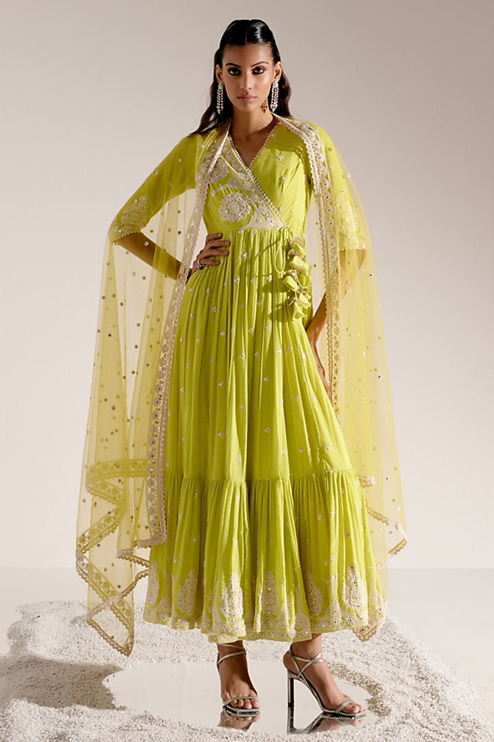 Neon Green Cotton Mulmul Thread & Mirror Work Angrakha Anarkali Set by PREEVIN at Pernia's Pop Up Shop