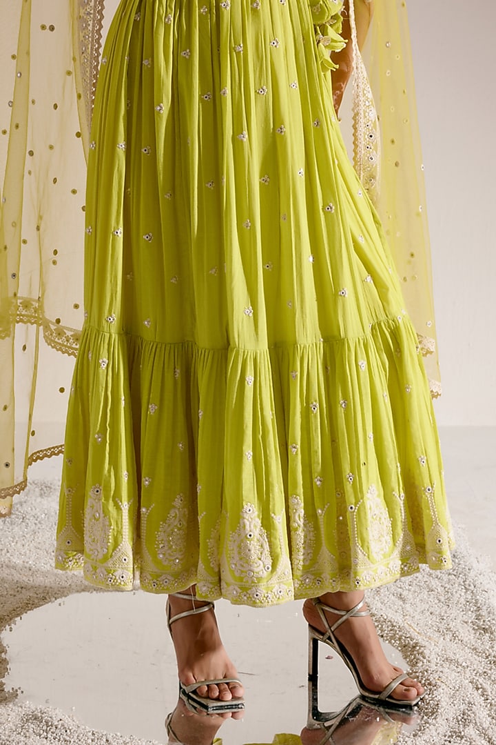 Neon Green Cotton Mulmul Thread & Mirror Work Angrakha Party Wear Anarkali Set by PREEVIN at Pernia's Pop Up Shop