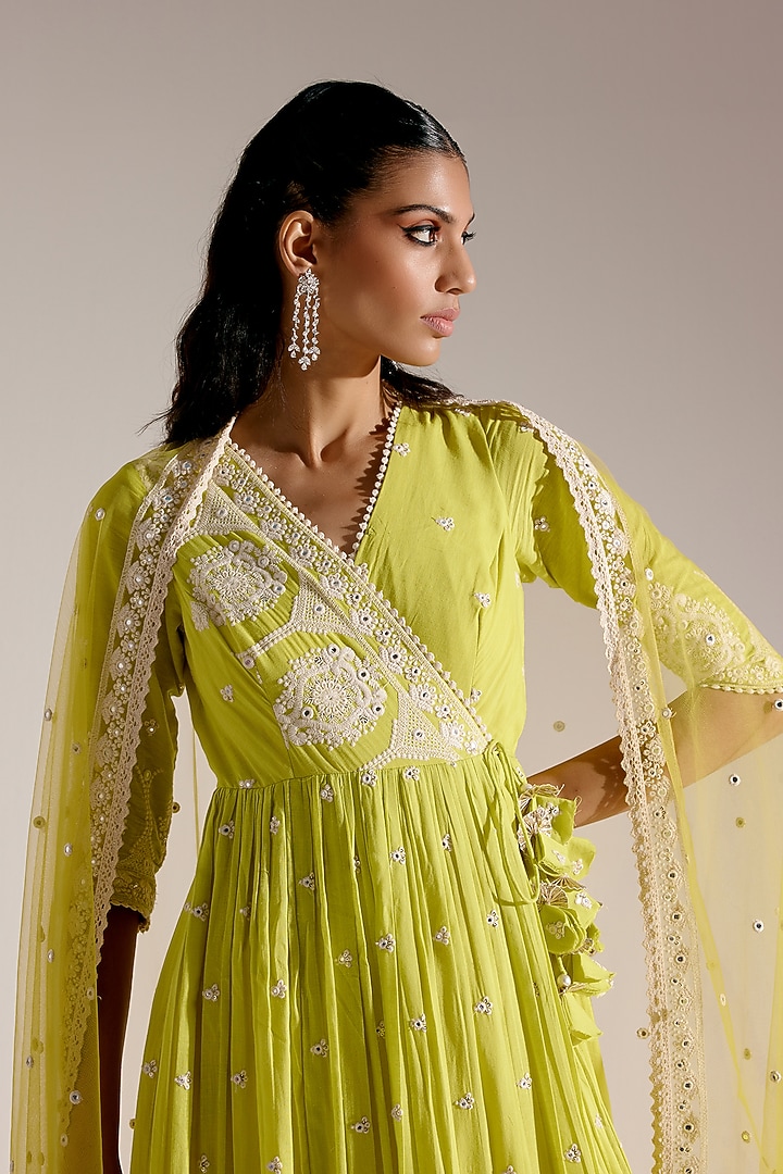 Neon Green Cotton Mulmul Thread & Mirror Work Angrakha Party Wear Anarkali Set by PREEVIN at Pernia's Pop Up Shop