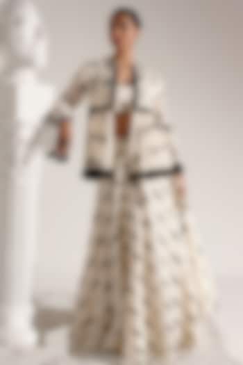 Black & White Cotton Mulmul Mirror Work Jacket Lehenga Set by PREEVIN at Pernia's Pop Up Shop