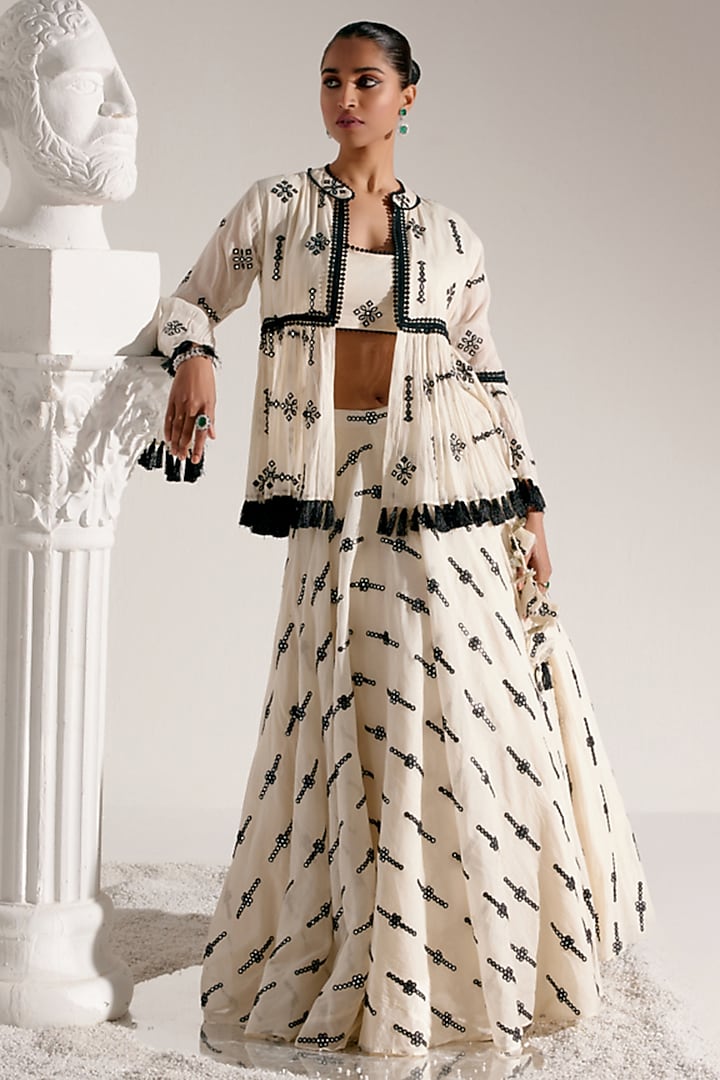 Black & White Cotton Mulmul Mirror Work Jacket Lehenga Set by PREEVIN at Pernia's Pop Up Shop