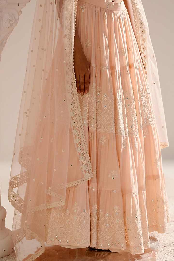 Blush Pink Cotton Mulmul Mirror Work Wedding Lehenga Set by PREEVIN at Pernia's Pop Up Shop