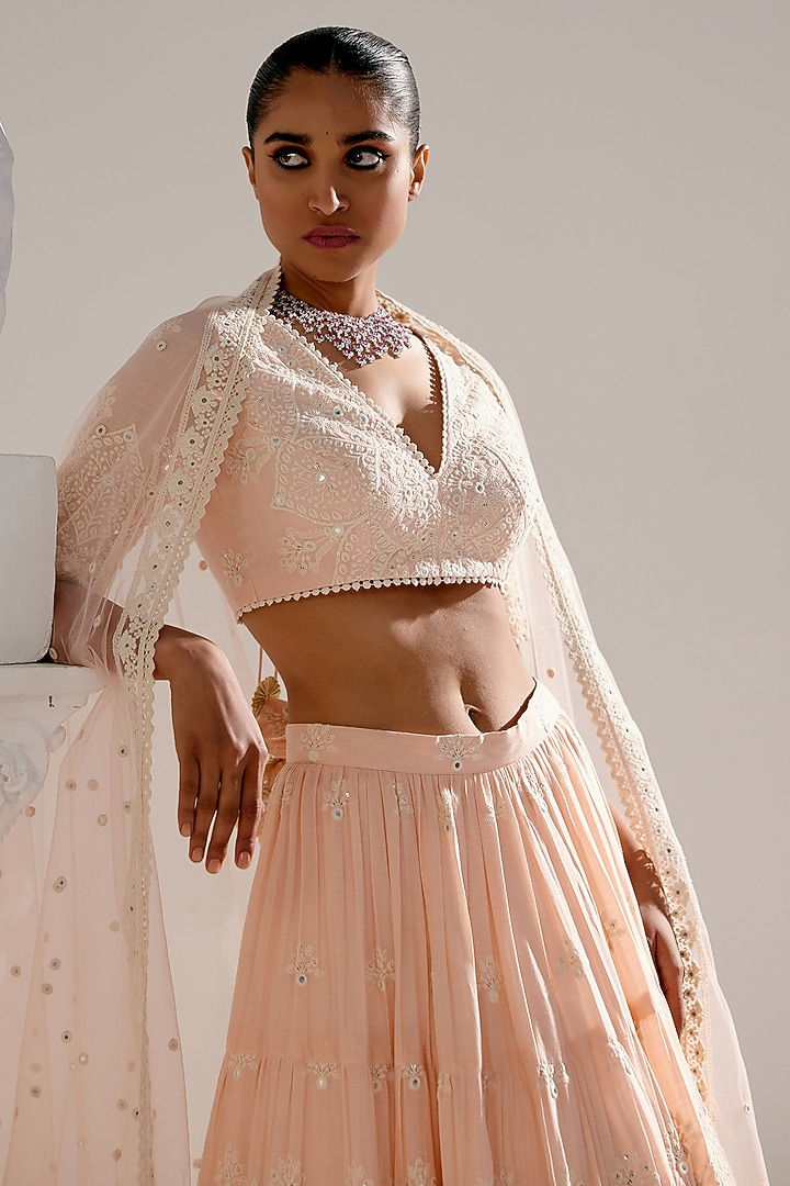 Blush Pink Cotton Mulmul Mirror Work Wedding Lehenga Set by PREEVIN at Pernia's Pop Up Shop