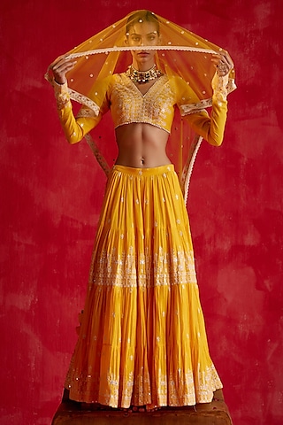 Mango Yellow Cotton Mulmul Mirror & Thread Work Lehenga Set by PREEVIN