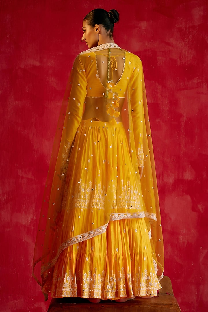 Mango Yellow Cotton Mulmul Mirror & Thread Work Wedding Lehenga Set by PREEVIN at Pernia's Pop Up Shop
