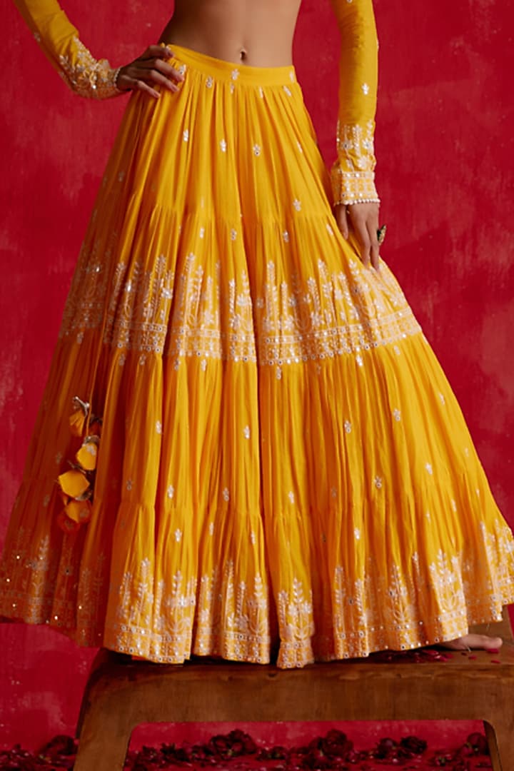 Mango Yellow Cotton Mulmul Mirror & Thread Work Wedding Lehenga Set by PREEVIN at Pernia's Pop Up Shop